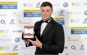 7 May 2014; Connacht and Ireland's Robbie Henshaw who was presented with the Nevin Spence Young Player at the Hibernia College IRUPA Rugby Player Awards 2014. Hibernia College IRUPA Rugby Player Awards 2014, Burlington Hotel, Dublin. Picture credit: Brendan Moran / SPORTSFILE