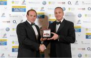 7 May 2014; Former Ulster and Ireland prop Simon Best, left, is presented with the BNY Mellon IRUPA Hall of Fame award 2014 by Alan Flanagan, BNY Mellon, at the Hibernia College IRUPA Rugby Player Awards 2014. Hibernia College IRUPA Rugby Player Awards 2014, Burlington Hotel, Dublin. Picture credit: Brendan Moran / SPORTSFILE