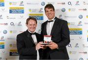 7 May 2014; Munster and Ireland's Donncha O'Callaghan is presented with the Boardmatch Contribution to Society award 2014 by Peter Power, Chief Executive, UNICEF Ireland, at the Hibernia College IRUPA Rugby Player Awards 2014. Hibernia College IRUPA Rugby Player Awards 2014, Burlington Hotel, Dublin. Picture credit: Brendan Moran / SPORTSFILE