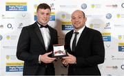 7 May 2014; Connacht and Ireland's Robbie Henshaw is presented with the Nevin Spence Young Player 2014 by Ulster's Rory Best at the Hibernia College IRUPA Rugby Player Awards 2014. Hibernia College IRUPA Rugby Player Awards 2014, Burlington Hotel, Dublin. Picture credit: Brendan Moran / SPORTSFILE