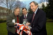 3 March 2006; Author Don Mullan, centre, with former England International goalkeeper Gordon Banks and lifelong Stoke City fan Michael Brennan, left, at the Nolan Seafoods sponsored launch of Don Mullan's book 'Gordon Banks: A Hero Who Could Fly'. Templeogue College, Templeville Road, Dublin. Picture credit: Brian Lawless / SPORTSFILE