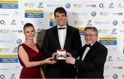 7 May 2014; Munster and Ireland's Donncha O'Callaghan is presented with the Boardmatch Contribution to Society award 2014 by Hazel Acton, Permanent TSB, and Chris White, Chief Executive, Boardmatch, at the Hibernia College IRUPA Rugby Player Awards 2014. Hibernia College IRUPA Rugby Player Awards 2014, Burlington Hotel, Dublin. Picture credit: Brendan Moran / SPORTSFILE