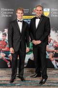 7 May 2014; Ulster and Ireland's Andrew Trimble, left, and IRUPA CEO Omar Hassanein in attendance at the Hibernia College IRUPA Rugby Player Awards 2014. Burlington Hotel, Dublin. Picture credit: Brendan Moran / SPORTSFILE