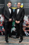 7 May 2014; Former Leinster and Ireland lock forward Malcolm O'Kelly, left, with IRUPA CEO Omas Hassanein in attendance at the Hibernia College IRUPA Rugby Player Awards 2014. Burlington Hotel, Dublin. Picture credit: Brendan Moran / SPORTSFILE