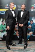 7 May 2014; Leinster and Ireland's Leo Cullen, left, with IRUPA CEO Omas Hassanein in attendance at the Hibernia College IRUPA Rugby Player Awards 2014. Burlington Hotel, Dublin. Picture credit: Brendan Moran / SPORTSFILE