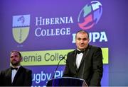 7 May 2014; IRUPA CEO Omar Hassanein speaking at the Hibernia College IRUPA Rugby Player Awards 2014. Burlington Hotel, Dublin. Picture credit: Brendan Moran / SPORTSFILE