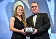 7 May 2014; Shannon and Ireland's Nicole Cronin is presented with the inaugural BNY Mellon Women’s Sevens Player of the Year 2014 award 2014 by Jarrod Bromley, PRO Official Leinster Supporters Club, at the Hibernia College IRUPA Rugby Player Awards 2014. Hibernia College IRUPA Rugby Player Awards 2014, Burlington Hotel, Dublin. Picture credit: Brendan Moran / SPORTSFILE