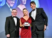 7 May 2014; Munster and Ireland's Donncha O'Callaghan is presented with the Boardmatch Contribution to Society award 2014 by Hazel Acton, Permanent TSB, and Chris White, Chief Executive, Boardmatch, at the Hibernia College IRUPA Rugby Player Awards 2014. Hibernia College IRUPA Rugby Player Awards 2014, Burlington Hotel, Dublin. Picture credit: Brendan Moran / SPORTSFILE