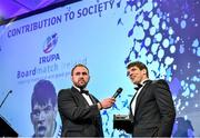 7 May 2014; Munster and Ireland's Donncha O'Callaghan, who was presented with the Boardmatch Contribution to Society award, is interviewed by MC Scott Quinnell. Hibernia College IRUPA Rugby Player Awards 2014, Burlington Hotel, Dublin. Picture credit: Brendan Moran / SPORTSFILE