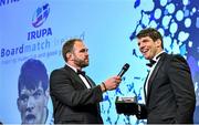 7 May 2014; Munster and Ireland's Donncha O'Callaghan, who was presented with the Boardmatch Contribution to Society award, is interviewed by MC Scott Quinnell. Hibernia College IRUPA Rugby Player Awards 2014, Burlington Hotel, Dublin. Picture credit: Brendan Moran / SPORTSFILE