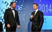 7 May 2014; Leinster and Ireland's Brian O'Driscoll is interviewed by MC Scott Quinnell at the Hibernia College IRUPA Rugby Player Awards 2014. Burlington Hotel, Dublin. Picture credit: Brendan Moran / SPORTSFILE