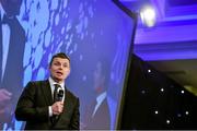 7 May 2014; Leinster and Ireland's Brian O'Driscoll is interviewed by MC Scott Quinnell at the Hibernia College IRUPA Rugby Player Awards 2014. Burlington Hotel, Dublin. Picture credit: Brendan Moran / SPORTSFILE