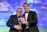 7 May 2014; Ulster and Ireland winger Andrew Trimble is presented with the 2014 Hibernia College IRUPA Players’ Player of the Year award by Hibernia College founder, Dr. Sean Rowland. This is Andrew’s third IRUPA Award, he was named Young Player of the Year in 2006 and won Try of the Year in 2010. Hibernia College IRUPA Rugby Player Awards 2014, Burlington Hotel, Dublin. Picture credit: Brendan Moran / SPORTSFILE