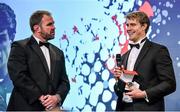 7 May 2014; Ulster and Ireland winger Andrew Trimble who was presented with the 2014 Hibernia College IRUPA Players’ Player of the Year award is interviewed by MC Scott Quinnell. Hibernia College IRUPA Rugby Player Awards 2014, Burlington Hotel, Dublin. Picture credit: Brendan Moran / SPORTSFILE