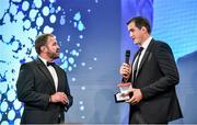 7 May 2014; Leinster and Ireland's Devin Toner, who was presented with the Newstalk106-108fm Supporters Player of the Year award, is interviewed by MC Scott Quinnell. Hibernia College IRUPA Rugby Player Awards 2014, Burlington Hotel, Dublin. Picture credit: Brendan Moran / SPORTSFILE