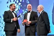 7 May 2014; Ireland team manager Michael Kearney, right, and Paul O'Connell, who collected the Powerscourt Hotel Rugby Moment of the Year award 2014 on behalf of the Ireland 6 Nations Championship winning squad, are interviewed by Scott Quinnell. Hibernia College IRUPA Rugby Player Awards 2014, Burlington Hotel, Dublin. Picture credit: Brendan Moran / SPORTSFILE
