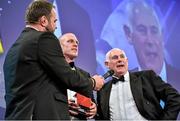 7 May 2014; Ireland team manager Michael Kearney, right, and Paul O'Connell, who collected the Powerscourt Hotel Rugby Moment of the Year award 2014 on behalf of the Ireland 6 Nations Championship winning squad, are interviewed by Scott Quinnell. Hibernia College IRUPA Rugby Player Awards 2014, Burlington Hotel, Dublin. Picture credit: Brendan Moran / SPORTSFILE