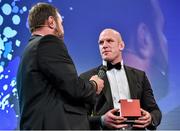 7 May 2014; Ireland's Paul O'Connell, who collected the Powerscourt Hotel Rugby Moment of the Year award 2014 on behalf of the Ireland 6 Nations Championship winning squad, is interviewed by Scott Quinnell. Hibernia College IRUPA Rugby Player Awards 2014, Burlington Hotel, Dublin. Picture credit: Brendan Moran / SPORTSFILE