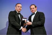 7 May 2014; Former Ulster and Ireland prop Simon Best, right, is presented with the BNY Mellon IRUPA Hall of Fame award 2014 by Alan Flanagan, BNY Mellon, at the Hibernia College IRUPA Rugby Player Awards 2014. Hibernia College IRUPA Rugby Player Awards 2014, Burlington Hotel, Dublin. Picture credit: Brendan Moran / SPORTSFILE