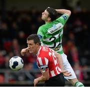 9 May 2014; Cliff Byrne, Derry City, in action against Ciaran Kilduff, Shamrock Rovers. Airtricity League Premier Division, Derry City v Shamrock Rovers, Brandywell, Derry. Picture credit: Oliver McVeigh / SPORTSFILE