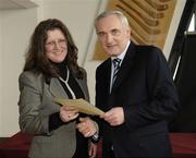 6 March 2006; An Taoiseach, Bertie Ahern, TD, who presented a certificate to Una Ni Cheileachair one of the first Sports Stadium Stewards to have qualified under a new scheme set up by the GAA, the FAI and the IRFU and coordinated by FETAC. Croke Park, Dublin. Picture credit: Ray McManus / SPORTSFILE