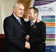 6 March 2006; An Taoiseach, Bertie Ahern, TD, with GAA Prestdent Sean Kelly after they presented the first Sports Stadium Stewards Certificates to those who qualified under a new scheme set up by the GAA, the FAI and the IRFU and coordinated by FETAC. Croke Park, Dublin. Picture credit: Ray McManus / SPORTSFILE