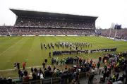 11 March 2006; The Irish and Scottish teams line up for the anthems before the game for the last time in a Six Nations game before the redevelopment of Lansdowne Road. RBS 6 Nations 2005-2006, Ireland v Scotland, Lansdowne Road, Dublin. Picture credit: Brendan Moran / SPORTSFILE