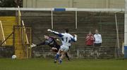 12 March 2006; Laois goalkeeper Fergal Byron fires a penalty past Down goalkeeper Brendan McVeigh. Allianz National Football League, Division 1B, Round 4, Laois v Down, O'Moore Park, Portlaoise, Co. Laois. Picture credit: Damien Eagers / SPORTSFILE