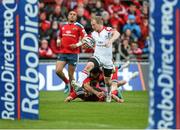 10 May 2014; Ulster's Michael Heaney races clear to score his side's first try. Celtic League 2013/14, Round 22, Munster v Ulster, Thomond Park, Limerick. Picture credit: John Dickson / SPORTSFILE