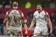 10 May 2014; Ulster's Neil McComb, right, and Lewis Stevenson, left, celebrate after defeating Munster. Celtic League 2013/14, Round 22, Munster v Ulster, Thomond Park, Limerick. Picture credit: Diarmuid Greene / SPORTSFILE