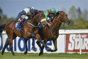 11 May 2014; Fascinating Rock, with PJ Smullen up, left, ahead of Ebanoran, right, with Declan McDonogh up, racing towards the finish on their way to winning The Derrinstown Stud Derby Trial Stakes after a stewards inquiry. Horse Racing from Leopardstown, Co. Dublin. Picture credit: Barry Cregg / SPORTSFILE