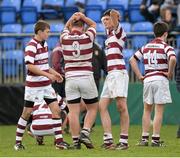 5 May 2014; Dejected Tullow players, from left, Padraic Roche, Charlie Ward, 3, Jack McDonald and Robert Gahan, 14, after the game. McAuley U15 Cup Final, Mullingar v Tullow, Donnybrook Stadium, Donnybrook, Dublin. Picture credit: Piaras Ó Mídheach / SPORTSFILE
