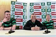 13 May 2014; Shamrock Rovers manager Trevor Croly with Ciaran Kilduff, left, and Conor Kenna, right, during a press conference ahead of their friendly match against Liverpool on Wednesday. Shamrock Rovers Press Conference, Aviva Stadium, Lansdowne Road, Dublin. Picture credit: David Maher / SPORTSFILE