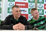 13 May 2014; Shamrock Rovers manager Trevor Croly with Conor Kenna, right, during a press conference ahead of their friendly match against Liverpool on Wednesday. Shamrock Rovers Press Conference, Aviva Stadium, Lansdowne Road, Dublin. Picture credit: David Maher / SPORTSFILE