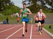 17 May 2014; Shane Hughes, Mullingar CBS, crosses the finish line to win the Intermediate Boy's 3,000m event at the Aviva Leinster Schools Track and Field Championships. Morton Stadium, Santry, Dublin. Picture credit: Pat Murphy / SPORTSFILE