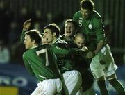 29 March 2006; Republic of Ireland players Paul Cahillane, 7, Graham Carey, Michael Spillane, Garry Breen, 5, celebrate Terry Dixon's, second from right, goal against Israel. UEFA U17 Championship Qualifier, Republic of Ireland v Israel, Richmond Park, Dublin. Picture credit: Matt Browne / SPORTSFILE