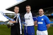 3 April 2006; Maurice Crowley, General Manager, AIB, with Frank Cogan, Captain, Cork Constitution, centre, and Barry Lynn, Vice captain, St Marys, at a photocall in advance of the inaugural AIB Cup, Lansdowne Road, Dublin. Picture credit: Damien Eagers / SPORTSFILE