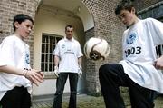 6 April 2006; Pictured at the launch of the 2006 Danone Nations Cup are &quot;Godfather&quot; Shay Given, Republic of Ireland goalkeeper, with 2003 Captain, Clayton Johnson, right, Dublin, and, 2005 Captain, Aidan McGrath, Clonmel. Ely Place, Dublin. Picture credit: David Maher/ SPORTSFILE