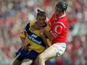 4 July 1999; Alan Markham of Clare in action against John Browne of Cork during the Munster Senior Hurling Championship Final match between Cork and Clare at Semple Stadium in Thurles, Tipperary. Photo by Brendan Moran/Sportsfile