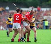 4 July 1999; Brian Corcoran and Fergal Ryan of Cork in action against Barry Murphy and Niall Gilligan of Clare during the Munster Senior Hurling Championship Final match between Cork and Clare at Semple Stadium in Thurles, Tipperary. Photo by Damien Eagers/Sportsfile