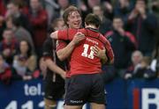 15 April 2006; Munster's Jerry Flannery congratulates team-mate Ian Dowling (11) on scoring a try. Celtic League 2005-2006, Group A, Munster v Edinburgh Gunners, Thomond Park, Limerick. Picture credit: Brendan Moran / SPORTSFILE