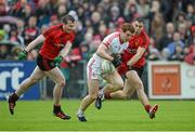 24 May 2014; Peter Harte, Tyrone, in action against Daniel McCartan and Ryan Boyle, Down. Ulster GAA Football Senior Championship, Preliminary Round Replay, Down v Tyrone, Pairc Esler, Newry, Co. Down. Picture credit: Oliver McVeigh / SPORTSFILE