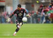 24 May 2014; Tyrone goalkeeper Niall Morgan scoring a free. Ulster GAA Football Senior Championship, Preliminary Round Replay, Down v Tyrone, Pairc Esler, Newry, Co. Down. Picture credit: Oliver McVeigh / SPORTSFILE