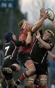 15 April 2006; Mick O'Driscoll, Munster, contests a dropping ball with Alasdair Strokosch, left, and Simon Taylor, Edinburgh Gunners. Celtic League 2005-2006, Group A, Munster v Edinburgh Gunners, Thomond Park, Limerick. Picture credit: Brendan Moran / SPORTSFILE