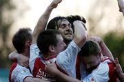 28 April 2006; St. Patrick Athletic players celebrate after Dan Murray, Cork City had scored a own goal. eircom League, Premier Division, St. Patrick's Athletic v Cork City, Richmond Park, Dublin. Picture credit: David Maher / SPORTSFILE