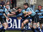 29 April 2006; David Delaney, Shannon, is tackled by Gareth Rourke and Chris McCarey, Belfast Harlequins. AIB League, Division 1. Shannon v Belfast Harlequins, Thomond Park, Limerick. Picture credit: Kieran Clancy / SPORTSFILE