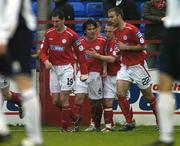 4 May 2006; Stuart Byrne, Shelbourne, second from left, celebrates after scoring his side's first goal with team-mates, left to right, Colin Hawkins, Gary O'Neill and Sean Dillon. eircom League Premier Division, Shelbourne v Drogheda United, Tolka Park, Dublin. Picture credit: David Maher / SPORTSFILE