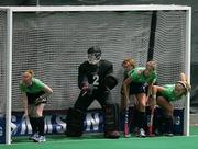 30 April 2006; Ireland's from left; Ciara O' Brien, goalkeeper Angela Platt, captain Linda Caulfield, Jenny McDonough and Jill Orbinson, partially hidden, defend the goal line. Ireland v New Zealand, Samsung Women's Hockey World Cup Qualifier, Pool B, Rome, Italy. Picture credit: SPORTSFILE