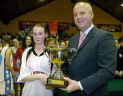9 May 2006; Martin Hehir, Schools Development Officer, Basketball Ireland, presents the Presentation Castleisland captain Philomena O'Connor with the cup. All-Ireland Second Year A Girls Finals, Mercy Convent Waterford v Presentation Castleisland, National Basketball Arena, Tallaght, Dublin. Picture credit: Brian Lawless / SPORTSFILE