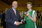 9 May 2006; Martin Hehir, Schools Development Officer, Basketball Ireland, presenst St. Malachys, Belfast, captain Ciaran O'Boyle with the cup. All-Ireland Second Year A Boys Final, St. Malachys, Belfast v Mercy Mounthawk, Tralee, National Basketball Arena, Tallaght, Dublin. Picture credit: Brian Lawless / SPORTSFILE